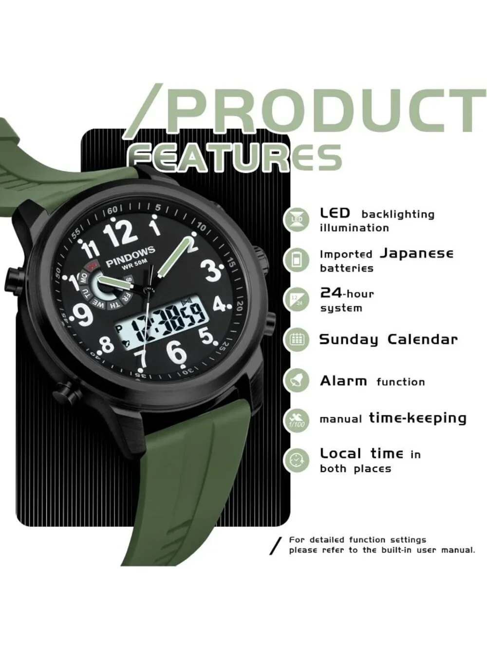 Men's Black Green Analog Waterproof Military Multifunctional LED Digital Watch